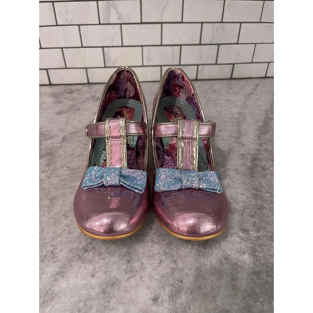 Irregular Choice Pink Purple Shimmer Mary Jane Heels with Blue Glitter Bows